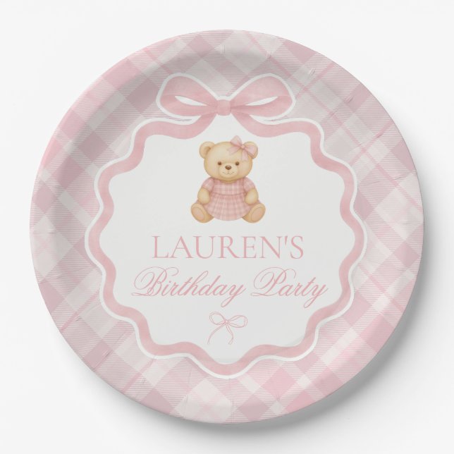 Prato De Papel Pink Coquette Bow Bear Plaid Birthday  (Frente)