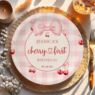 Prato De Papel Pink Coquette Bow Cherry First Birthday Party