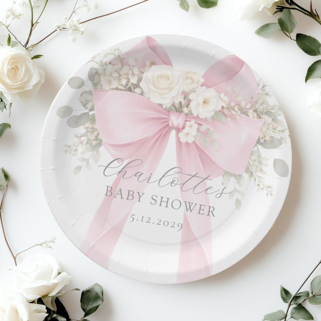 Prato De Papel Pink Coquette Bow Floral Baby in bloom baby Shower (Criador carregado)