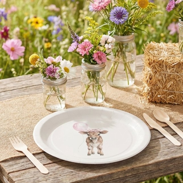 Prato De Papel Pink Cowgirl Birthday | Farm Theme 1st  (cowgirl birthday plate on rustic table with wildflowers in a sunny meadow)