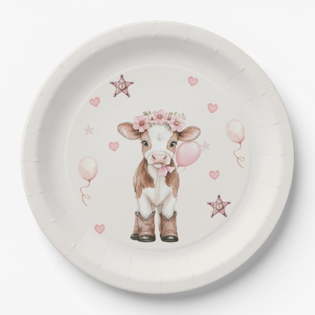 Prato De Papel Pink Cowgirl Birthday | Farm Theme 1st  (Frente)