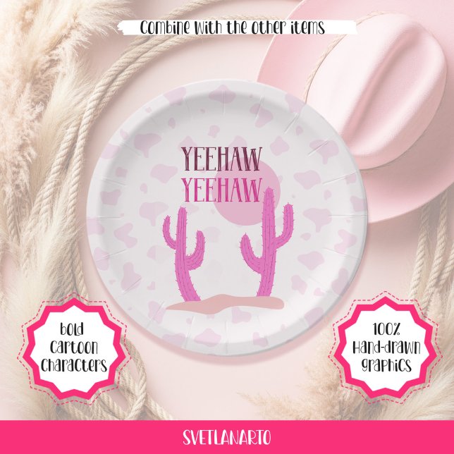 Prato De Papel Pink Cowgirl Cacti Landscape Western Paper Plate (Frontal view)