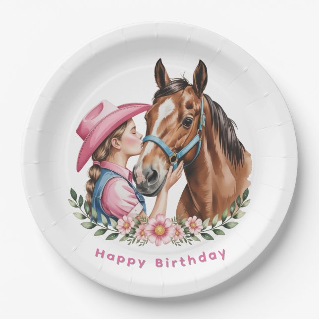 Prato De Papel Pink Cowgirl Kissing a Horse Birthday Party (Frente)
