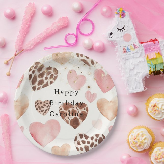 Prato De Papel Pink Cream Animal Hearts Gold Sparkle Birthday (Festa)
