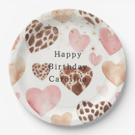 Prato De Papel Pink Cream Animal Hearts Gold Sparkle Birthday