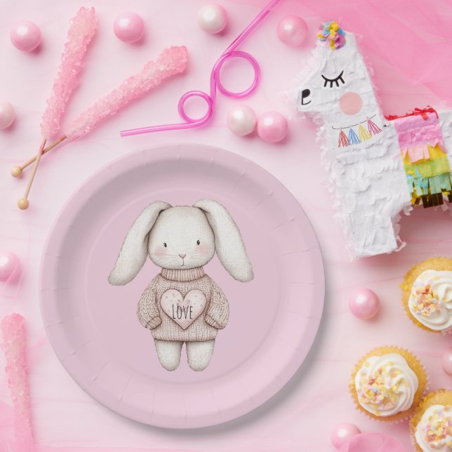 Prato De Papel Pink Cute Bunny Pink Sweater Heart Baby Shower (Festa)