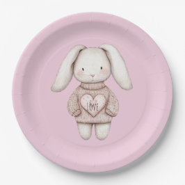 Prato De Papel Pink Cute Bunny Pink Sweater Heart Baby Shower