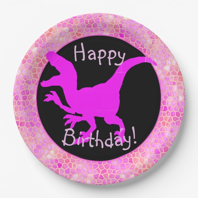 Prato De Papel Pink Dinosaur Hide Happy Birthday! (Frente)
