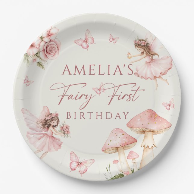 Prato De Papel Pink Fairy First Birthday Party Paper Plates (Frente)
