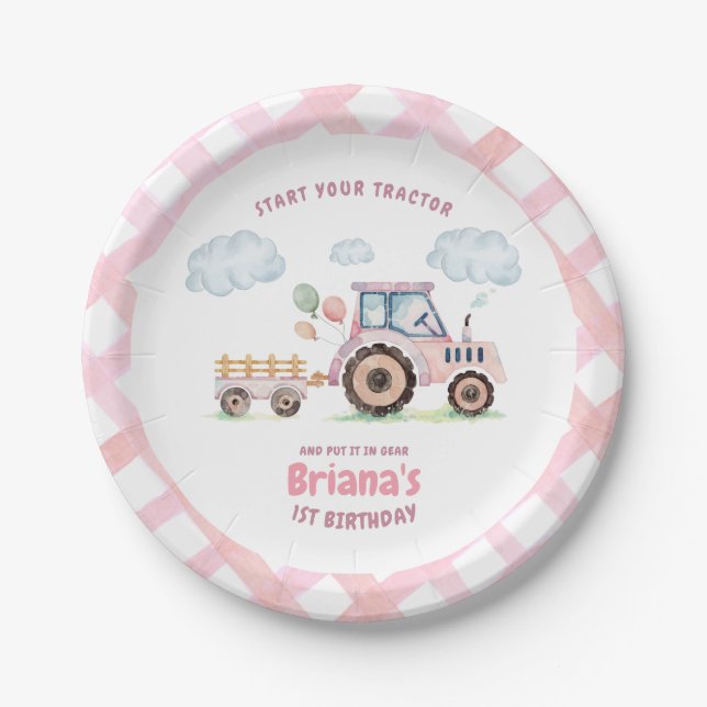 Prato De Papel Pink Farm Tractor Girl Any Age Birthday (Frente)