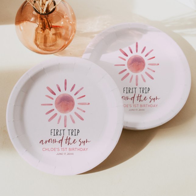 Prato De Papel Pink First Trip Around The Sun 1st Birthday Party (Criador carregado)