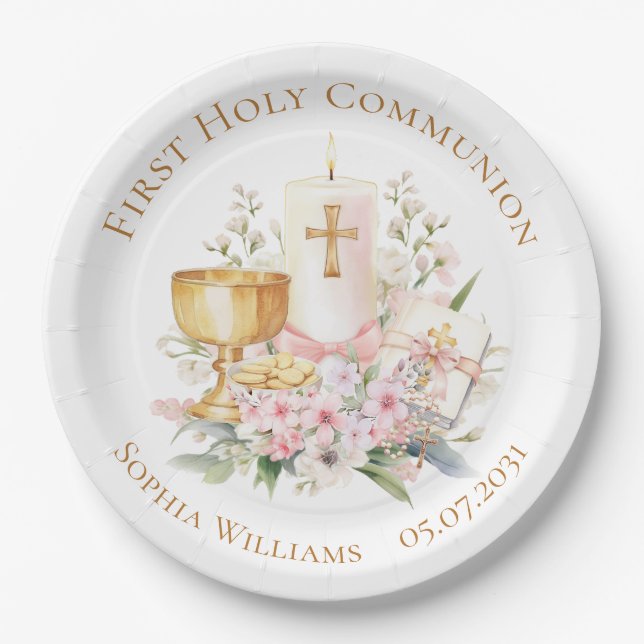Prato De Papel Pink Floral Chalice First Holy Communion  (Frente)