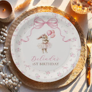 Prato De Papel Pink Floral Coquette Bow Bunny 1st Birthday