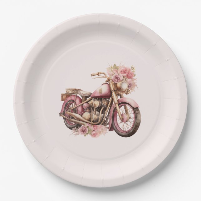 Prato De Papel Pink Floral Motorcycle Birthday (Frente)