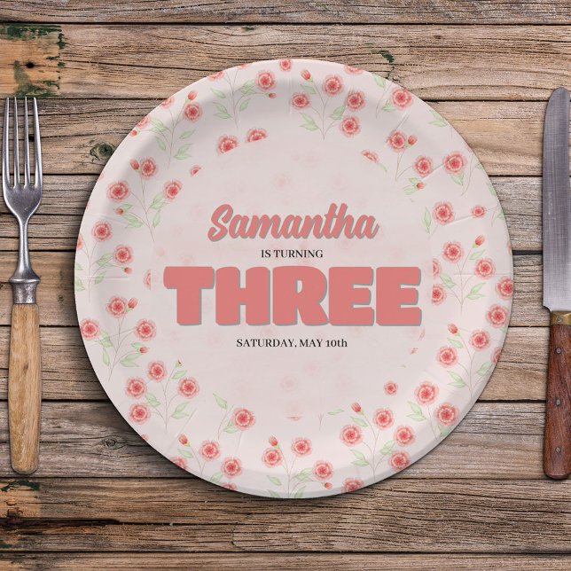 Prato De Papel Pink Floral Third Birthday Girl Party Custom (Girls Birthday party Custom Party Paper plates.)