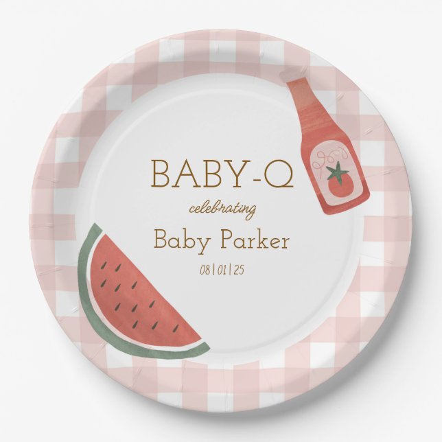 Prato De Papel Pink Gingham Baby-Q Circular Plate (Frente)