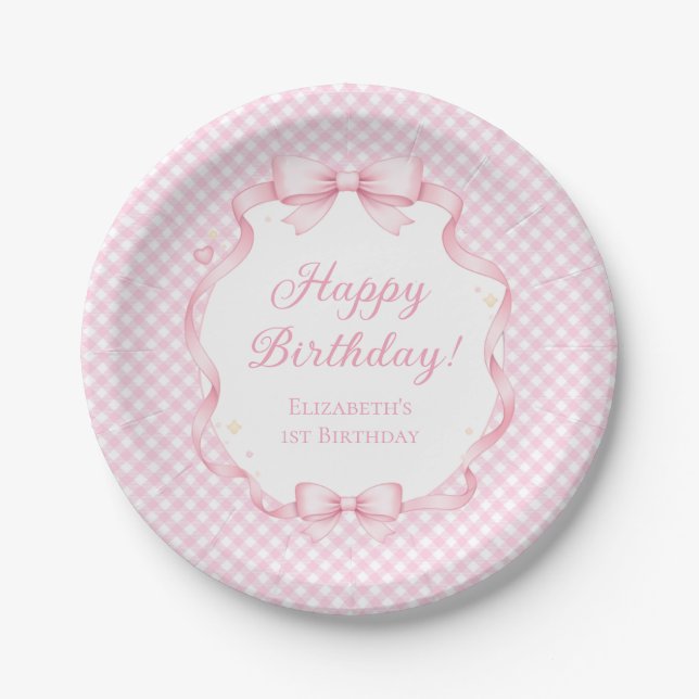 Prato De Papel Pink Gingham Bow Girl 1st Birthday Party Paper (Frente)