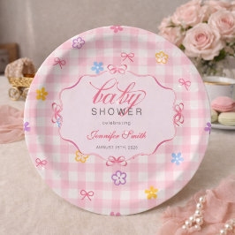 Prato De Papel Pink Gingham Floral Bow Baby Shower Paper Plates