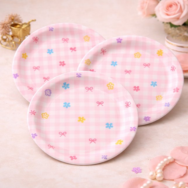 Prato De Papel Pink Gingham Floral Bow Baby Shower Paper Plates (Criador carregado)