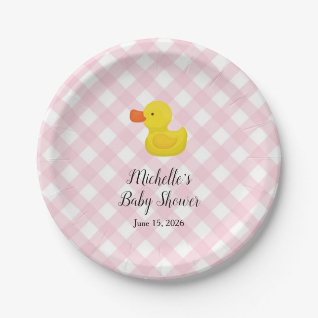 Prato De Papel Pink Gingham Rubber Duckie Baby Shower Paper Plate (Frente)