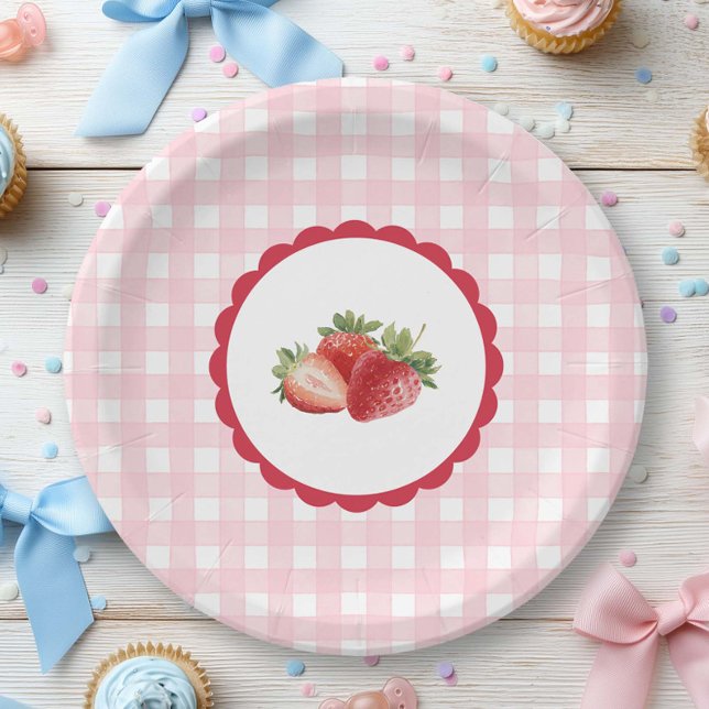 Prato De Papel Pink Gingham-Strawberry themed  (Pink Gingham with strawberry Paper plate for any party.)