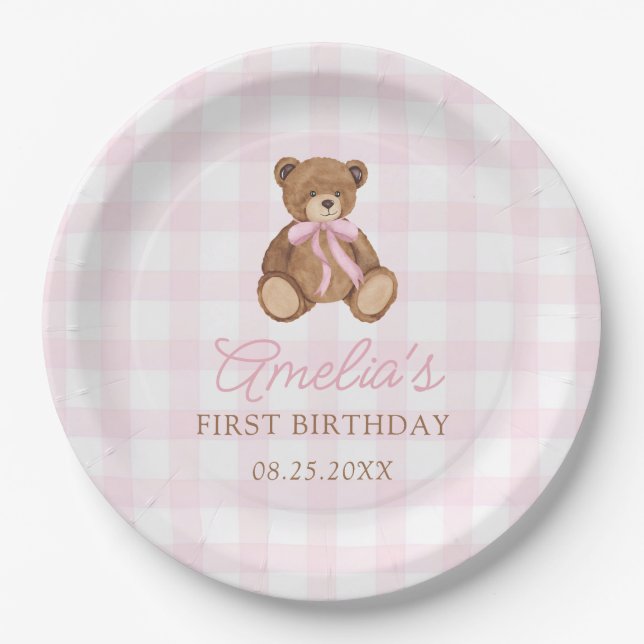 Prato De Papel Pink Gingham Teddy Bear Beary First Birthday (Frente)