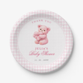 Prato De Papel Pink Gingham Teddy Bear Neutral Baby Shower
