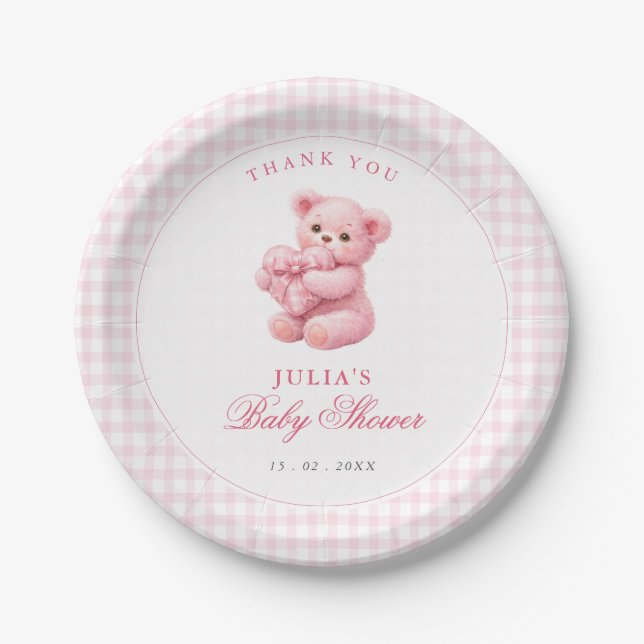 Prato De Papel Pink Gingham Teddy Bear Neutral Baby Shower (Frente)