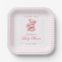 Pink Gingham Teddy Bear Neutral Baby Shower