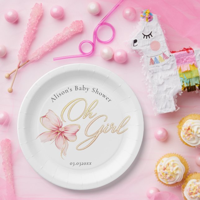 Prato De Papel Pink & Gold “Oh Girl” Gold Typography Baby Shower (Festa)