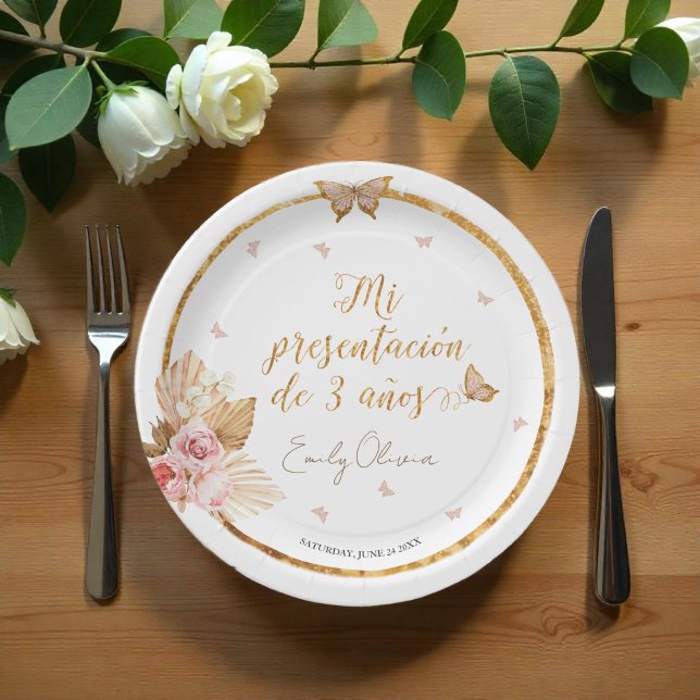 Prato De Papel Pink Gown Girl Mi Presentación de 3 Años espanhol (Criador carregado)
