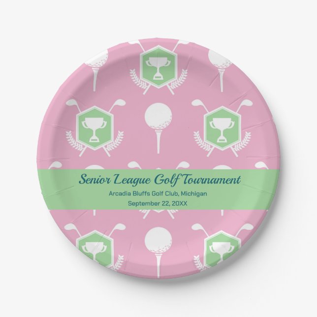 Prato De Papel Pink & Green - Golf League Party Plate (Frente)