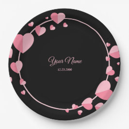 Prato De Papel Pink Heart Black Geometric Wedding Party Elegant
