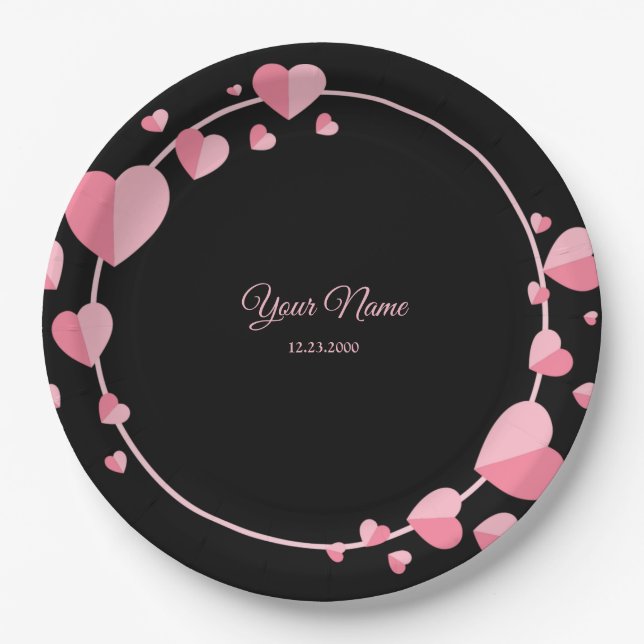 Prato De Papel Pink Heart Black Geometric Wedding Party Elegant (Frente)