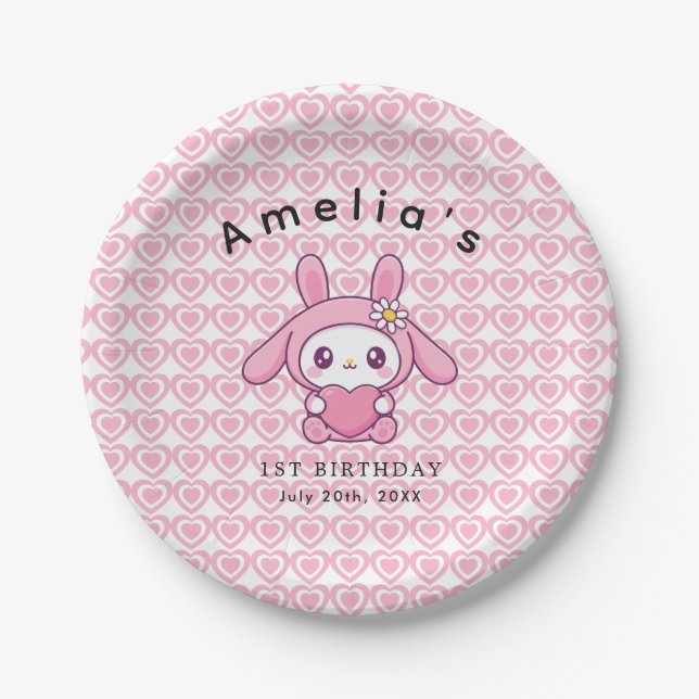 Prato De Papel Pink heart Chic Bunny simple Girl Birthday (Frente)