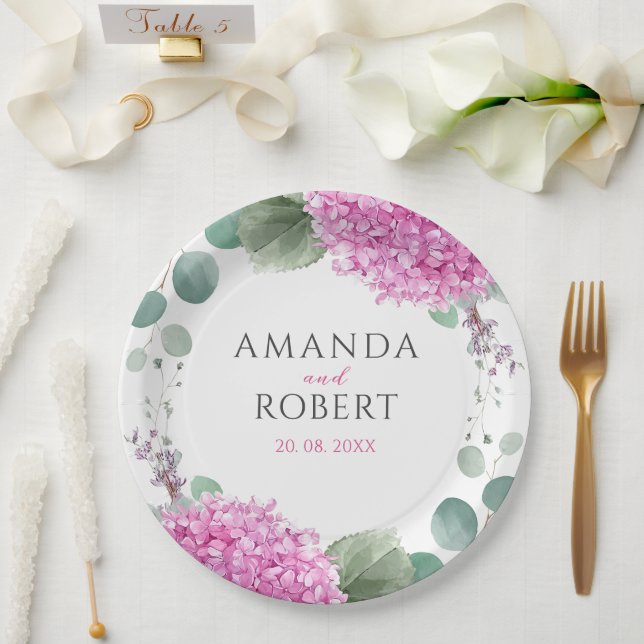 Prato De Papel Pink Hydrangea Flowers Watercolor Elegant Wedding (Casamento)
