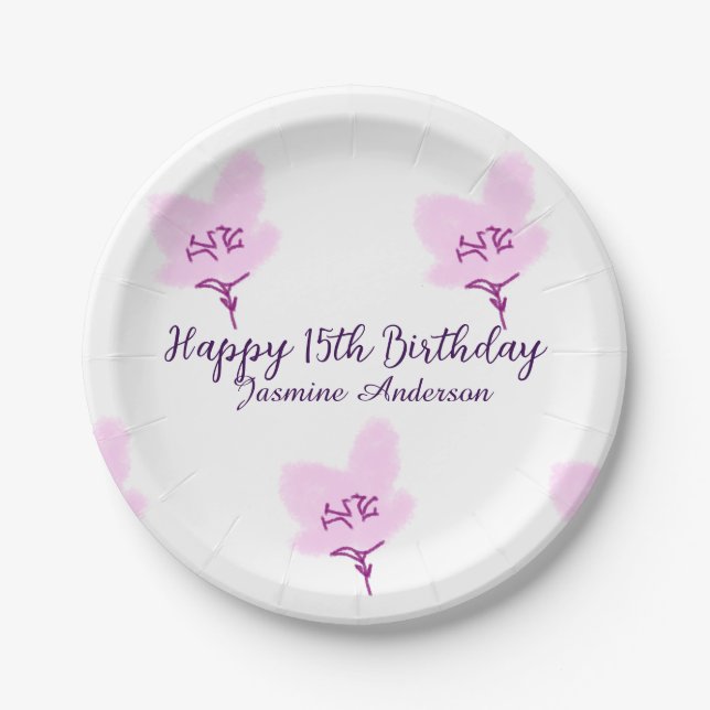 Prato De Papel Pink mauve floral 15th birthday quinceanera name d (Frente)