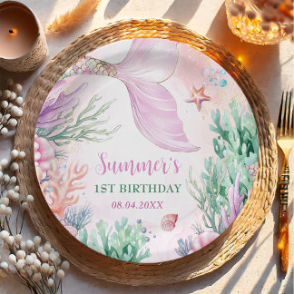 Prato De Papel Pink Mermaid 1st Birthday Oneder The Sea