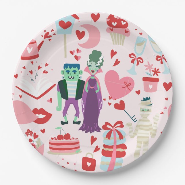 Prato De Papel pink monster valentines bride frankenstein mummy (Frente)