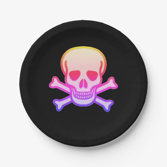 Prato De Papel Pink Neon Skull - Chapas de papel pretas (Frente)