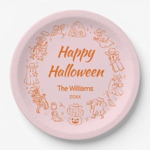 Prato De Papel Pink Orange Quirky Mão Desenhada Feliz Halloween