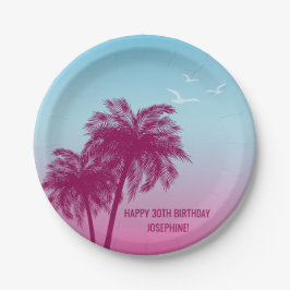 Prato De Papel Pink Palm Trees Tropical Evening Happy Birthday