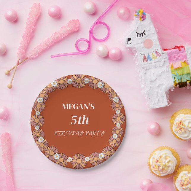 Prato De Papel Pink Pastel e Padrão floral de margarida laranja (Festa)