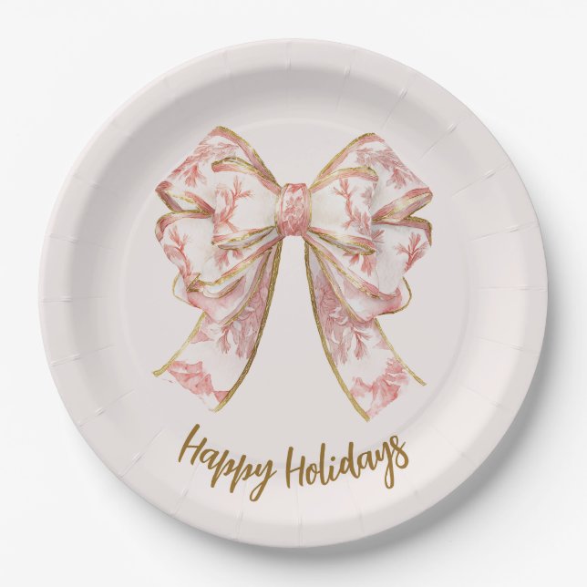 Prato De Papel Pink Pastel Elegant Christmas Bow Paper Plates (Frente)