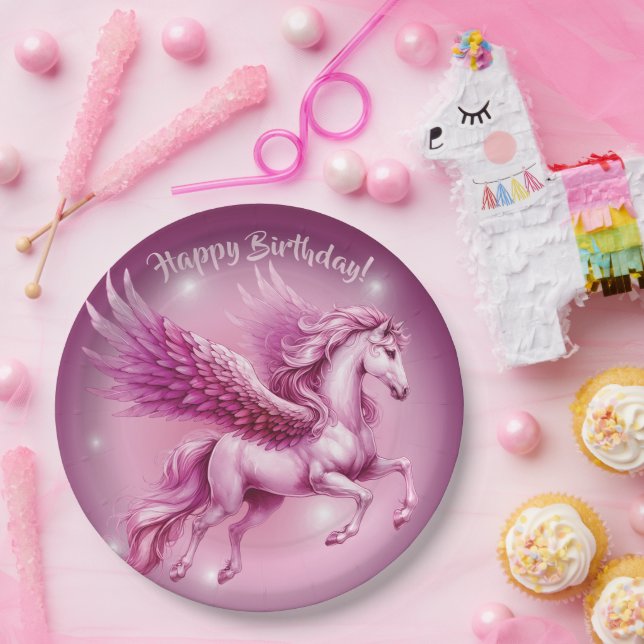 Prato De Papel Pink Pegasus "Happy Birthday" (Festa)