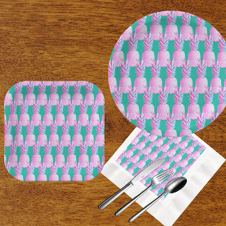 Prato De Papel Pink Pineapples Caribbean Blue  