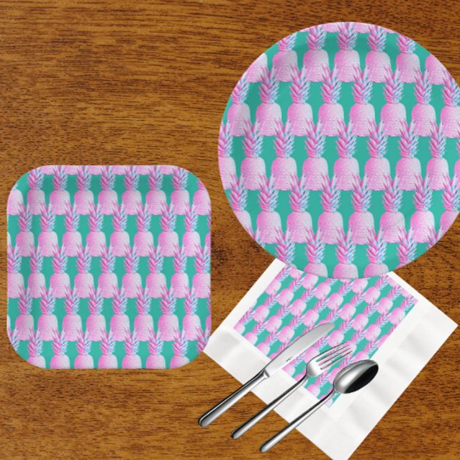 Prato De Papel Pink Pineapples Caribbean Blue   (Festive pink pineapples!)