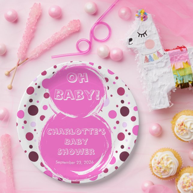 Prato De Papel Pink polka dot baby shower Paper plates (Festa)
