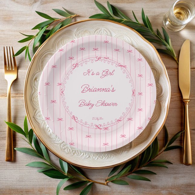 Prato De Papel Pink preppy hand drawn baby shower monogrammed (Pink preppy hand drawn baby shower monogrammed paper plates personalized preppy baby shower decor)