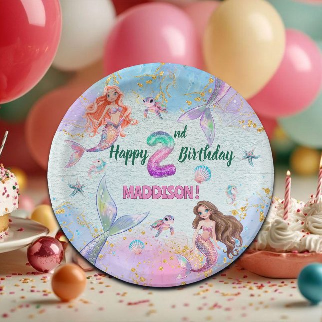 Prato De Papel Pink Purple Glitter Mermaids 2nd Birthday Party (Criador carregado)